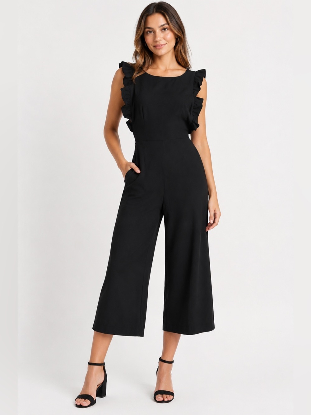 Free Press Black Ruffle Open-Back Wide Leg Jumpsuit Size Small